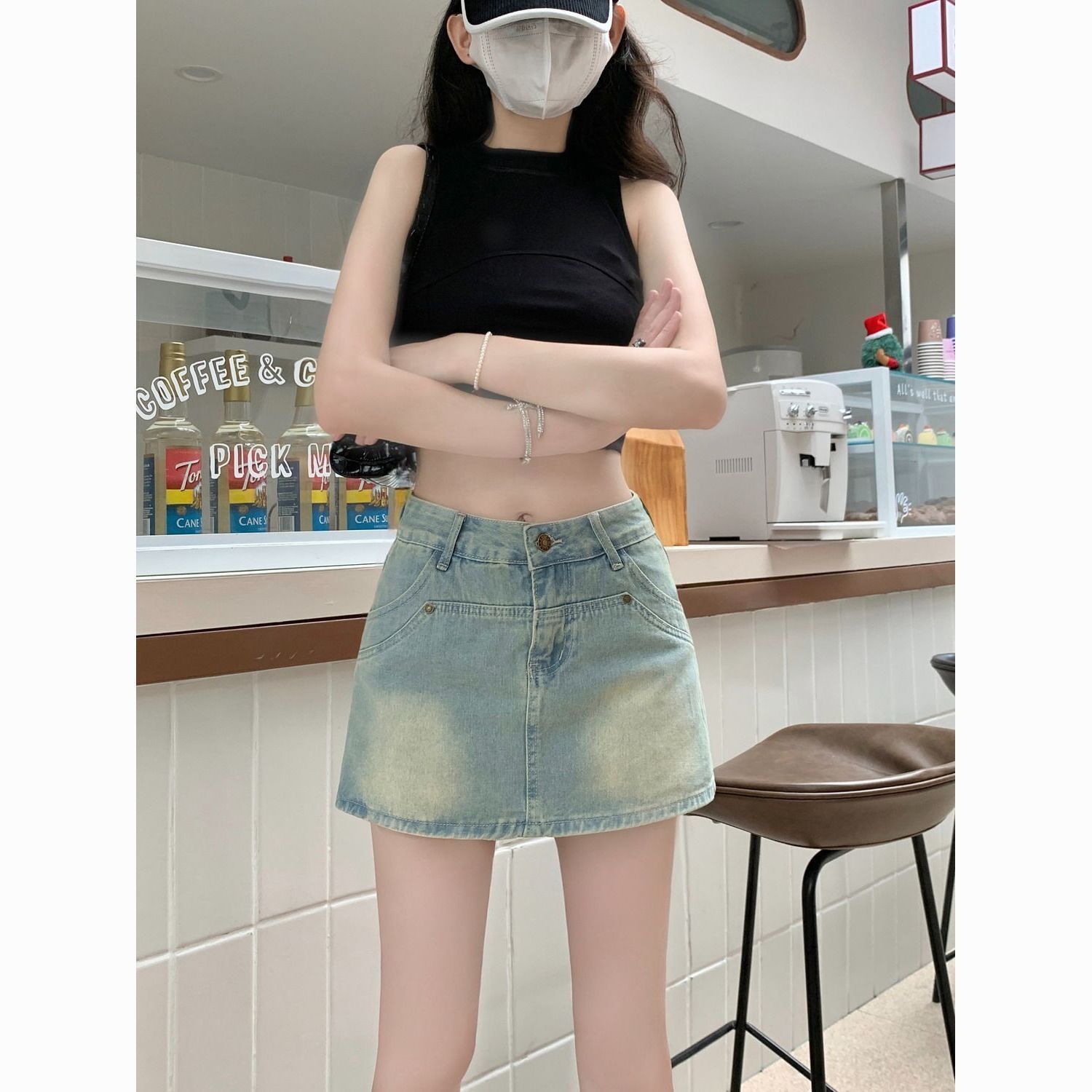 Retro light blue denim skirt for women in summer new high-waisted hot girl pants skirt small a-line hip short skirt