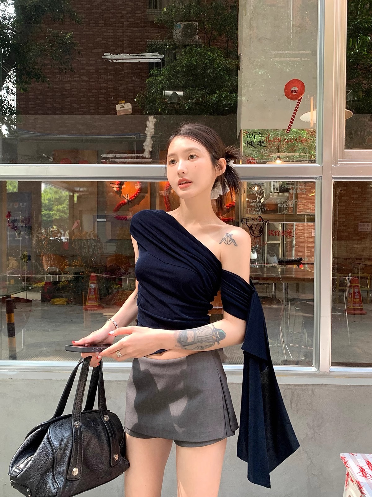 寧司 無袖收腰斜肩上衣女春季韓系設計感修身顯瘦短款氣質露肩T恤