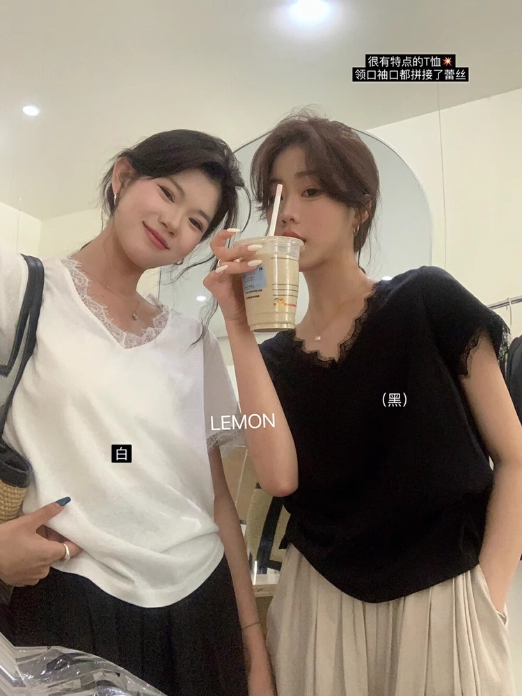 Korean chic lace lace v-neck front shoulder short-sleeved T-shirt for women's summer new design small loose top