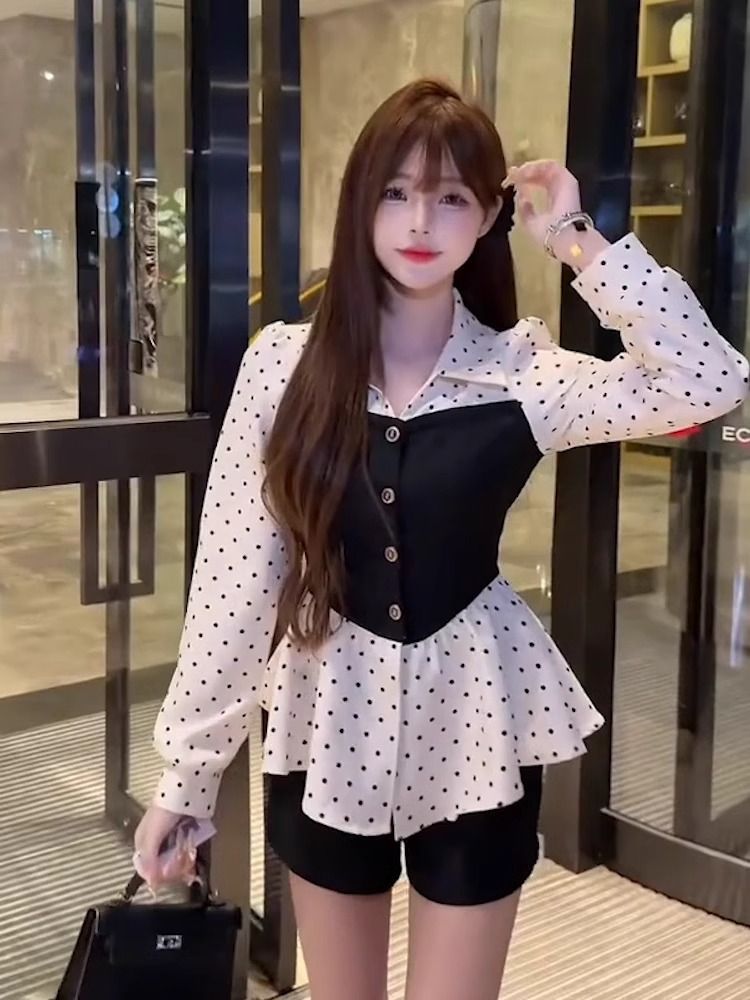 French sweet black strapless polka dot shirt fake two-piece design waist-hugging high-end long-sleeved top