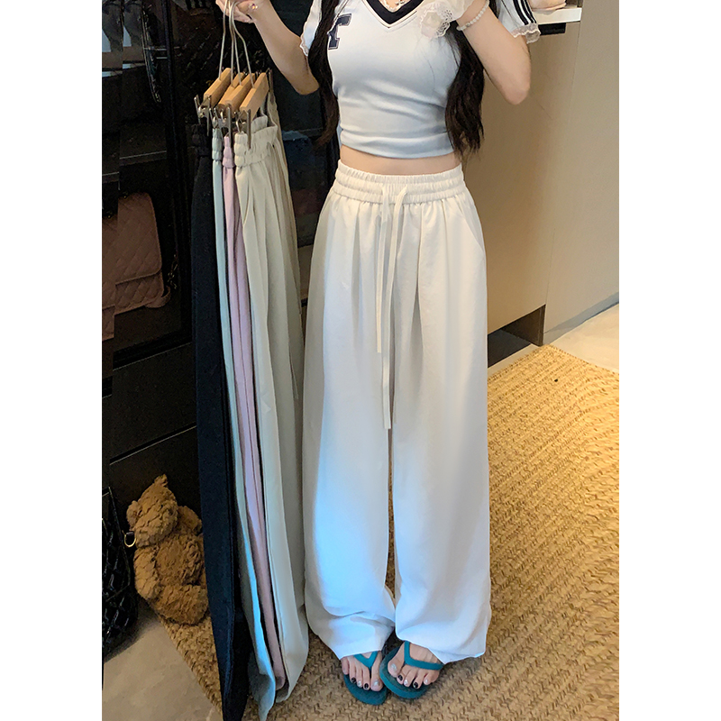Real shot!  2025 new loose and tight waist drawstring slimming wide-leg pants solid color casual pants for women