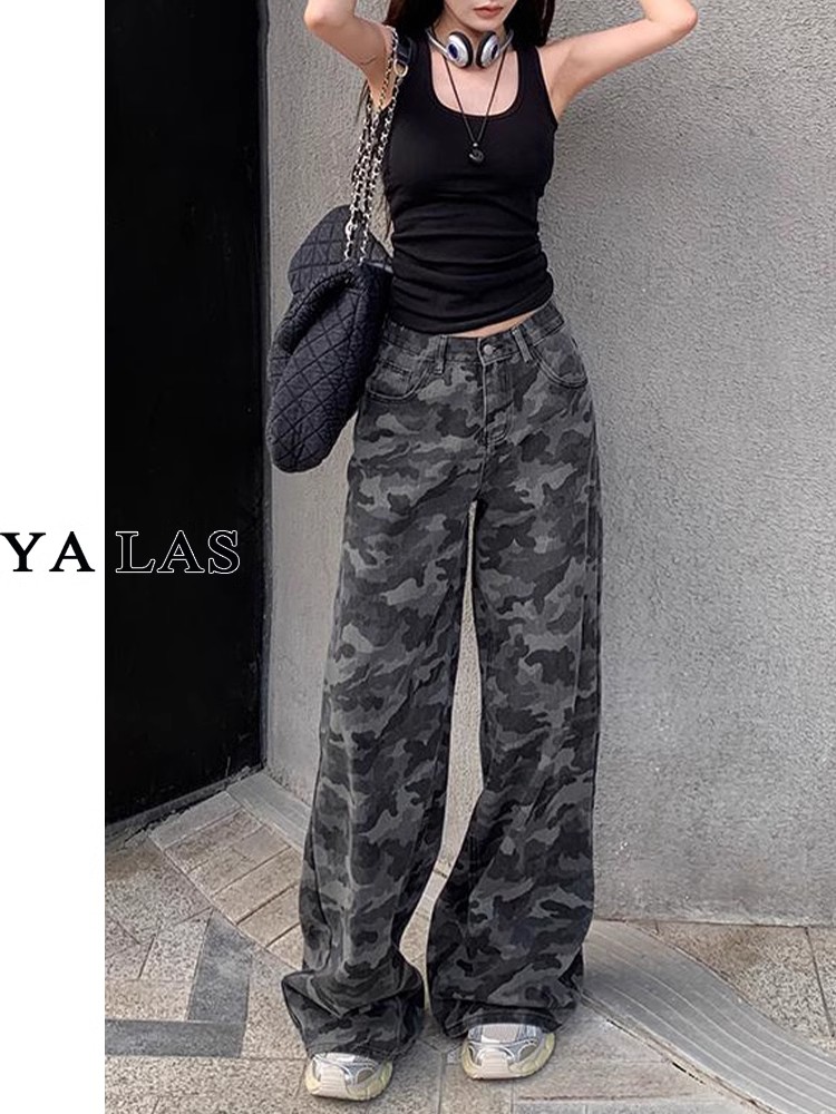 Korean pure cotton work clothes camouflage wide-leg pants for women new high-waist loose slim straight-leg mopping pants large size S-4XL