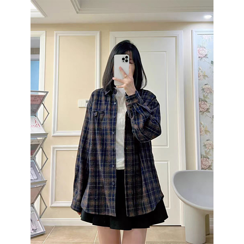 American Ins Style Daffodil Puppy Plaid Shirt Women's Spring and Summer Retro Red Loose Long Sleeve Sunscreen Shirt Coat