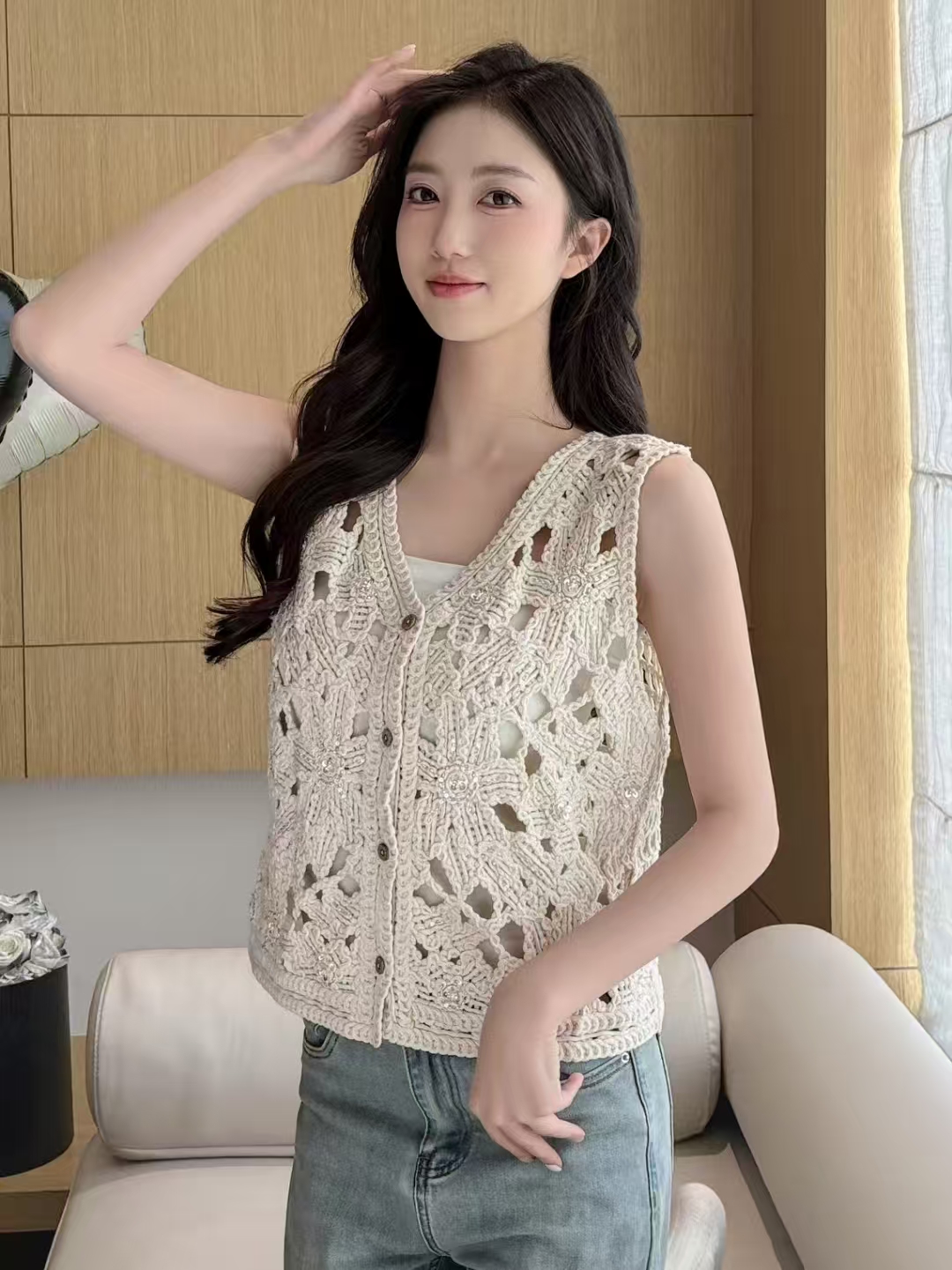 Luminous Beaded Backless Vest with Knit Lacework - 2025 Summer New Arrival, Korean Style, Simple and Versatile, featuring Openwork and Hooked Lace Design