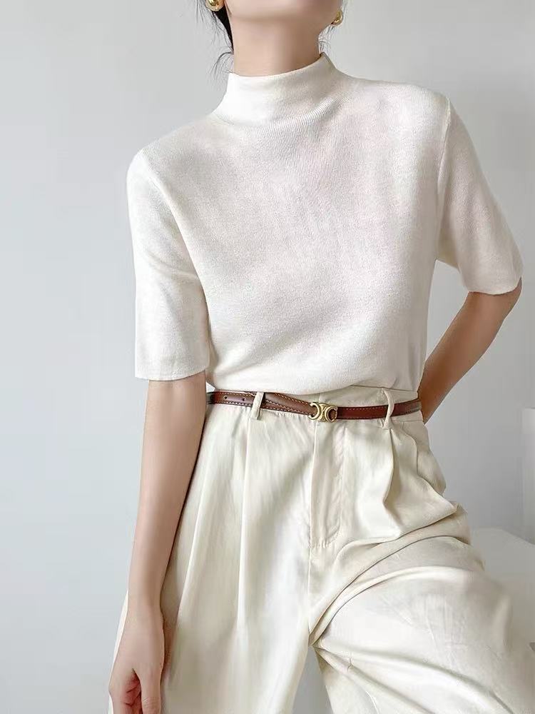 Half-high neck short-sleeved sweater for women with spring and autumn new French slim and versatile base sweater soft top