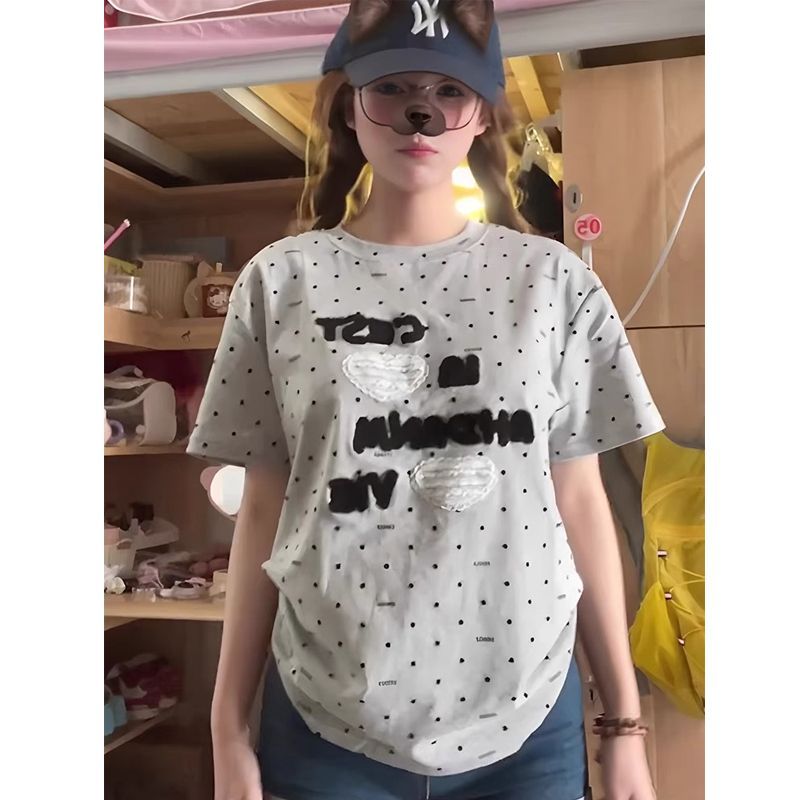 Korean chic pure cotton letter embroidered polka dot short-sleeved T-shirt for women Korean loose top trendy summer new style