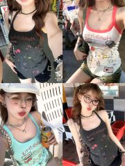 辣妹荷葉邊方領飛袖背心女外穿一體杯帶胸墊吊帶上衣夏季