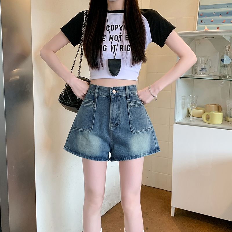 Real shot~ High-waisted retro denim shorts for women in summer design, hot girl straight loose A-line wide-leg pants trendy