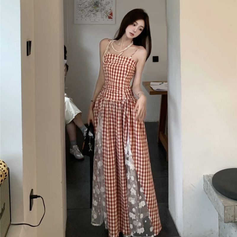 French plaid strapless dress 2025 summer temperament new style waist-tightening spliced ​​skirt with lining skirt to make you look slim and long skirt