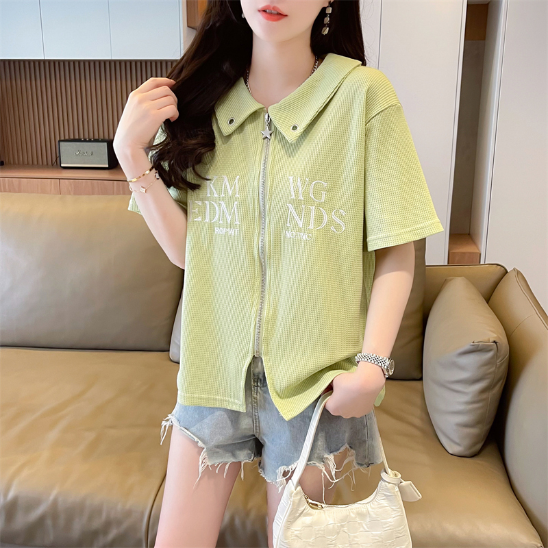 首發實拍華夫格拉鏈小衫刺繡POLO短袖T恤女