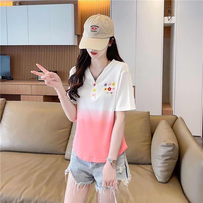 實拍 韓版寬鬆漸變短袖t恤女新款夏季卡通印花大碼上衣ins潮