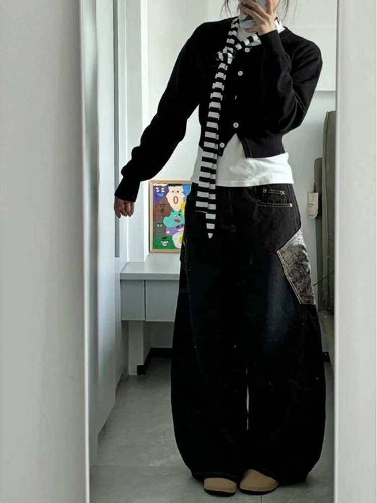 2025 summer new American retro snake pattern pocket scimitar work jeans casual design wide-leg pants for men and women