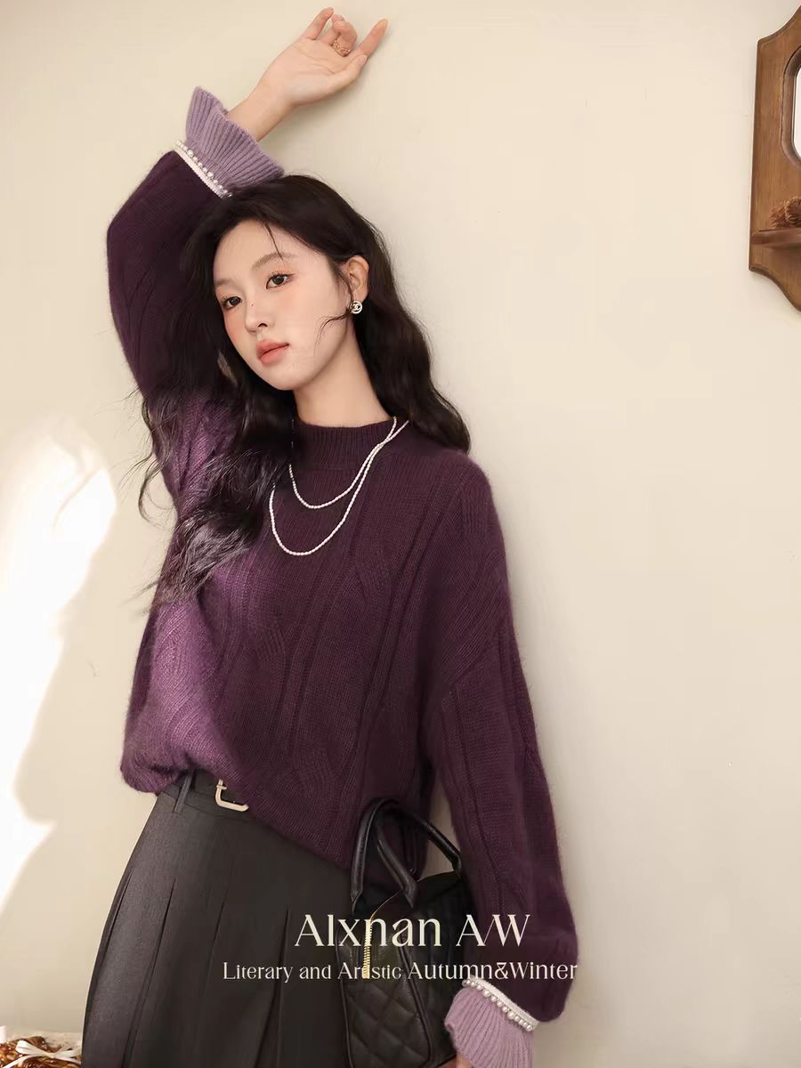 Bead color-blocked long-sleeved pullover top age-reducing sweater comfortable cashmere sweater slimming temperament fashionable and versatile women