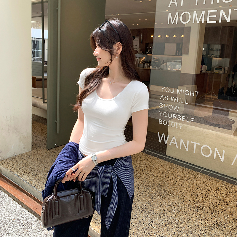 Real photos European goods U-neck front shoulder short-sleeved T-shirt for women 2025 summer slim fit and slim unique and beautiful short top