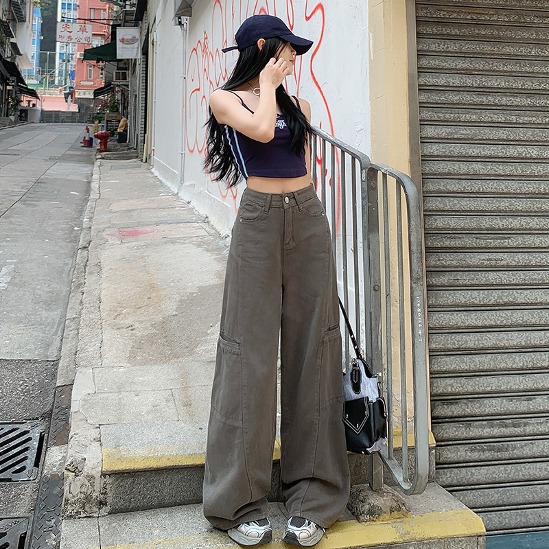 灰色美式闊腿工裝褲女2025新款復古高腰直筒牛仔褲子