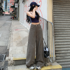 灰色美式闊腿工裝褲女2025新款復古高腰直筒牛仔褲子