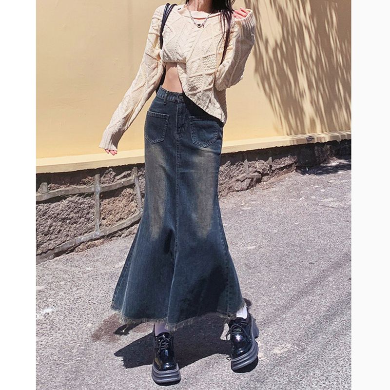 Denim fishtail skirt for women in spring and autumn high waist slimming mid-length A-line skirt versatile hip-covering denim skirt