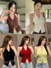 掛脖V領帶胸墊開叉短款抹胸女夏季韓版百搭顯瘦純色吊帶上衣