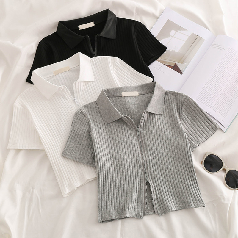 Real shot of internet celebrity short top summer slim solid color zipper short sleeve T-shirt for women