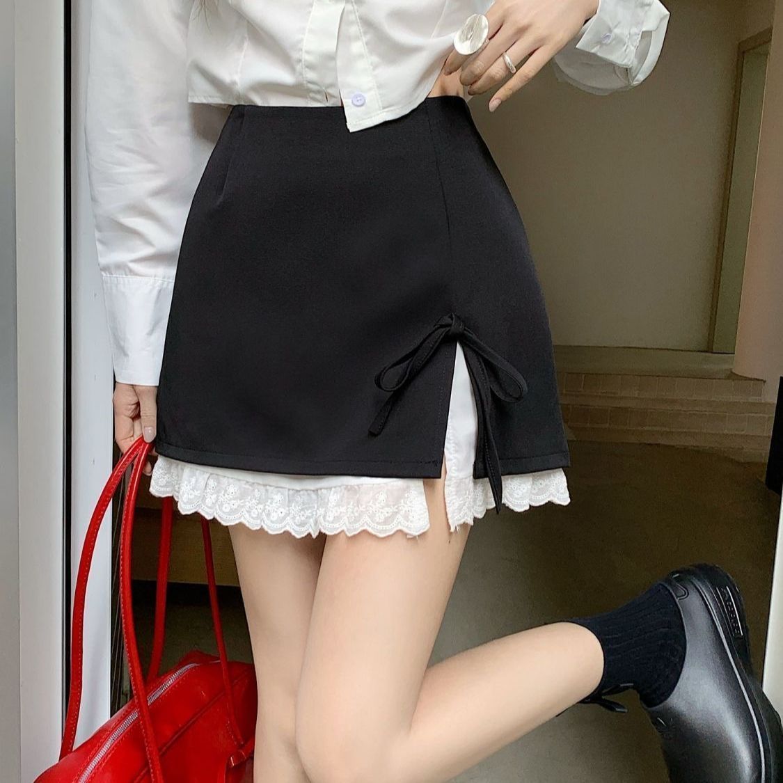 Korean chic bow tied skirt for women spring and summer new design lace A-line hip skirt short skirt trendy
