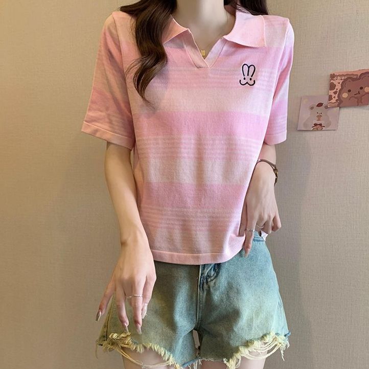 Fashion retro striped polo collar sweater short-sleeved T-shirt for women 2025 summer thin rabbit embroidered top trendy