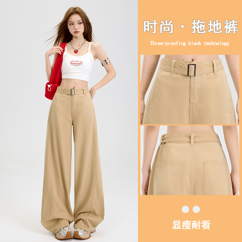 Belted 2025 Spring Casual Straight Leg Jeans for Women Wide Leg Pants Khaki High Waisted Lazy Loose Pants