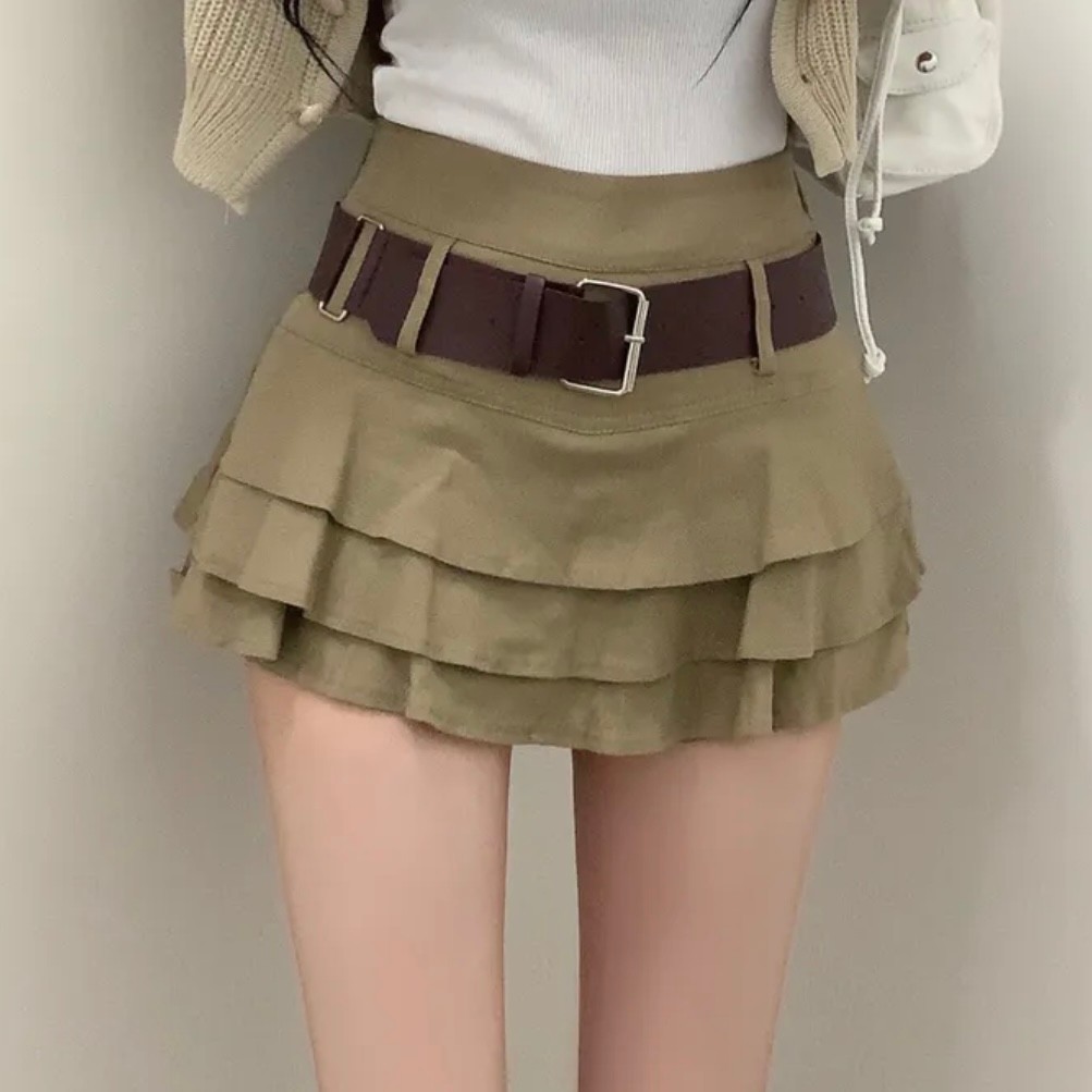 Korean chic high waist pleated cake skirt versatile ruffled A-line shorts skirt