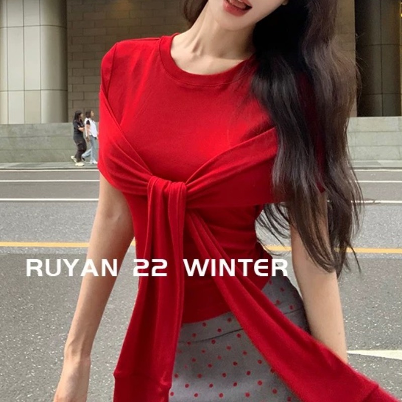 RUYAN~入眼夏季女裝年新款假兩件顯瘦遮肉設計感針織圓領短袖