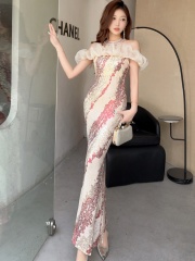 Real shot of new Chinese style high-end sequins ruffled collar bride's morning robe and celebrity luxury party dress