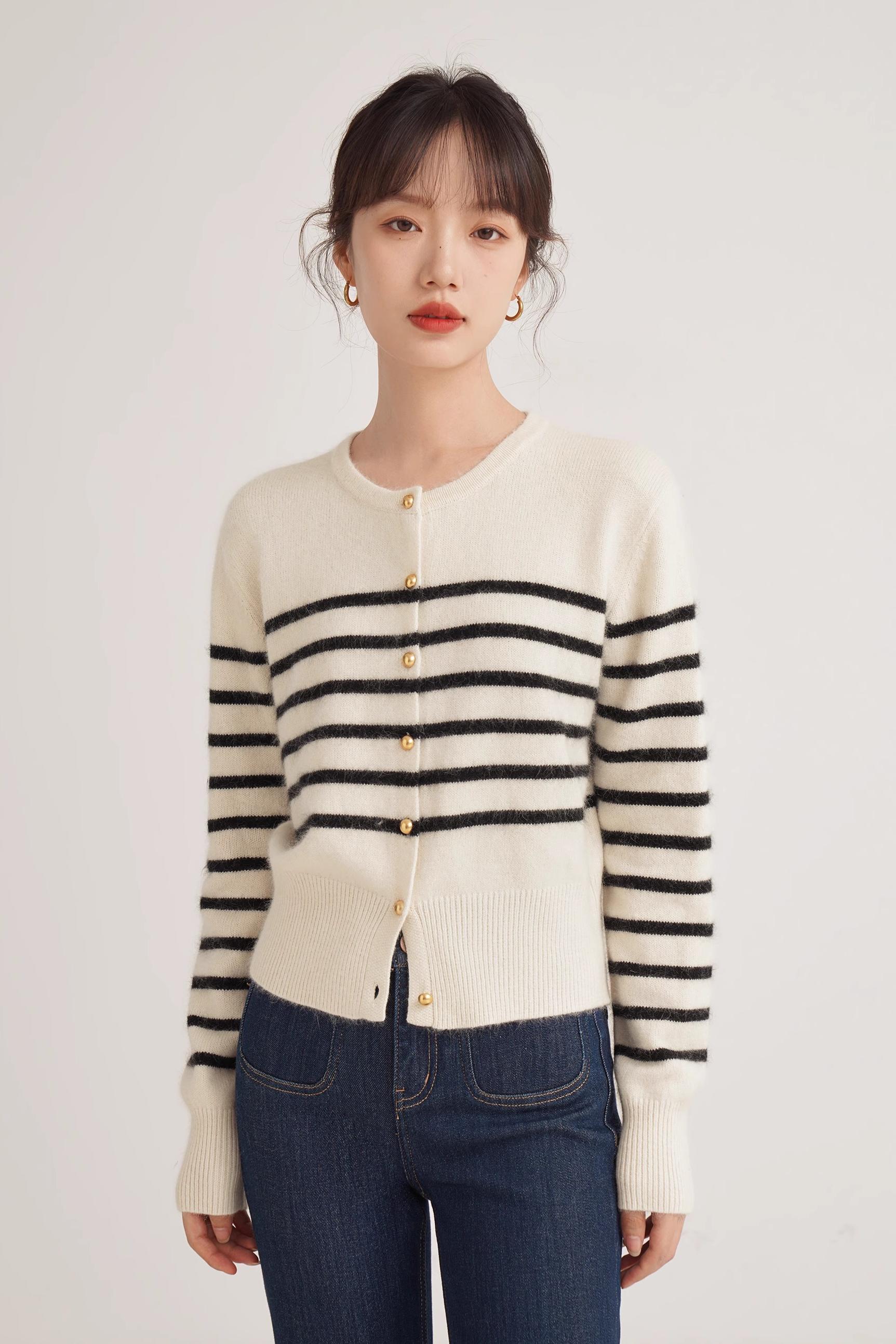 Striped sweater for women's spring French top soft and lazy style long-sleeved sweater jacket