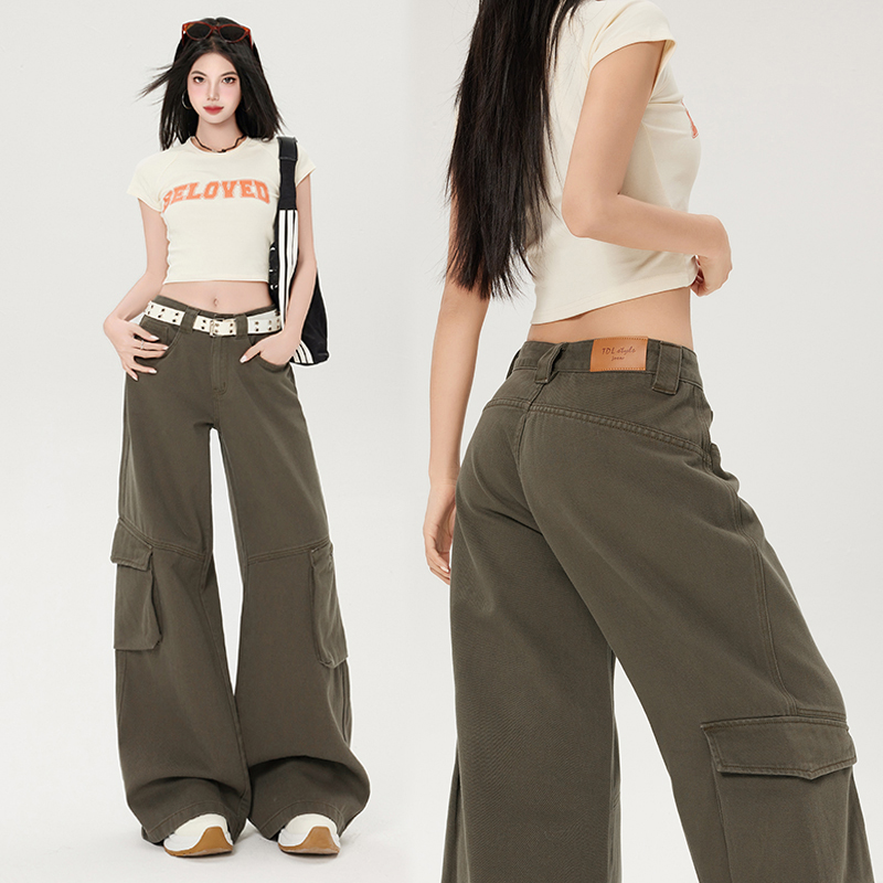 New multi-pocket low-rise workwear pants in milk coffee green, loose flare, unisex casual long pants & extended length