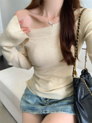 Real shot Real new spring off-shoulder sweater women's slim long-sleeved top