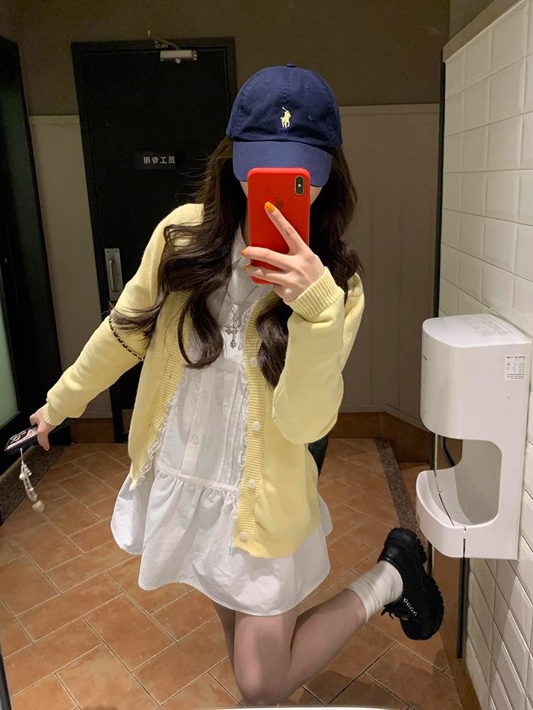 Yellow cardigan knitted jacket for women 2025 new spring and autumn lace sweater high-end small person with top