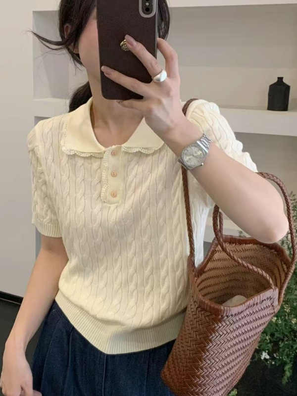 Design-sensing lace edge spliced ​​lapel short-sleeved sweater for women 2025 spring new versatile and fashionable base top