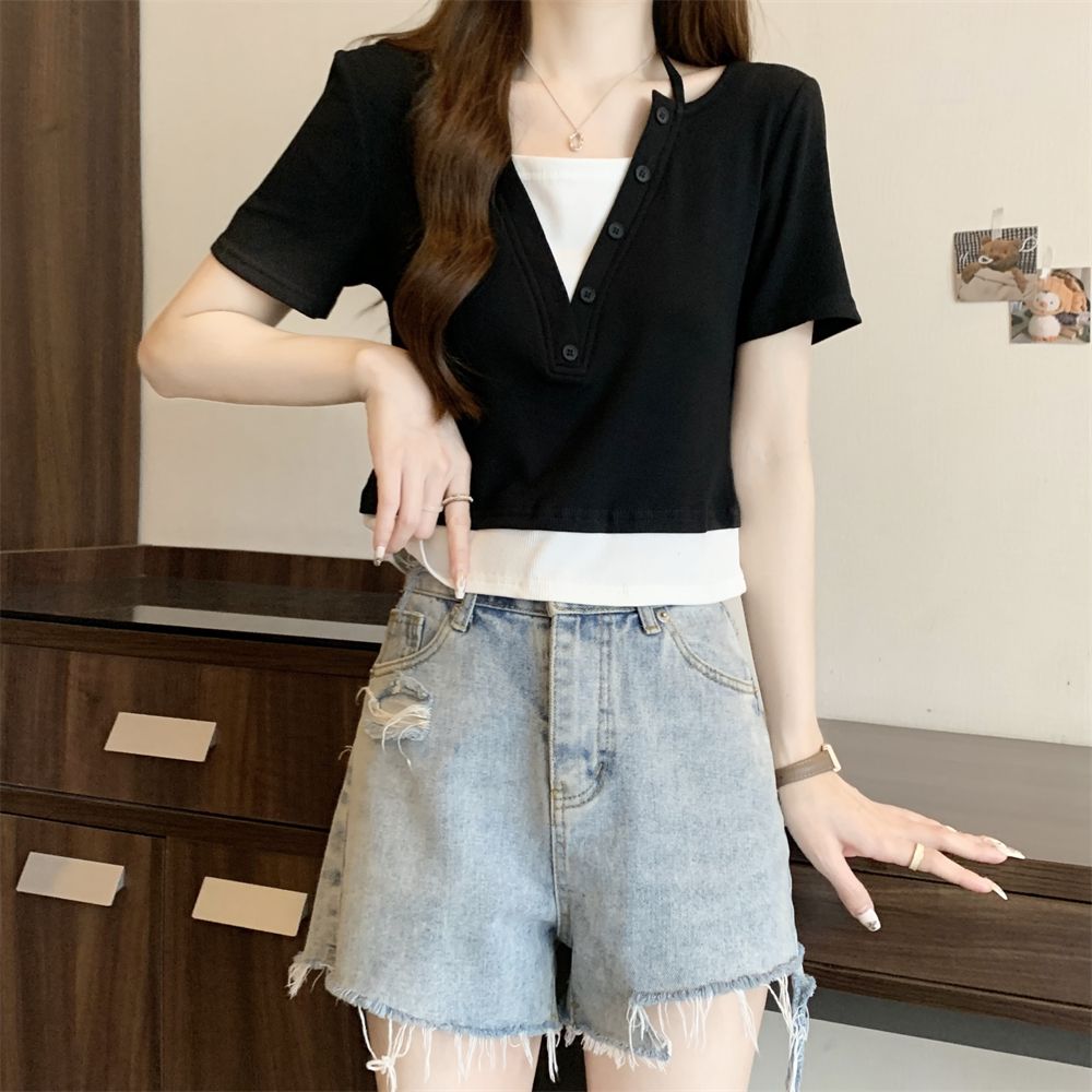 Real shot 40 pure cotton 210g 92 cotton/8 spandex fake two-piece short-sleeved T-shirt for women