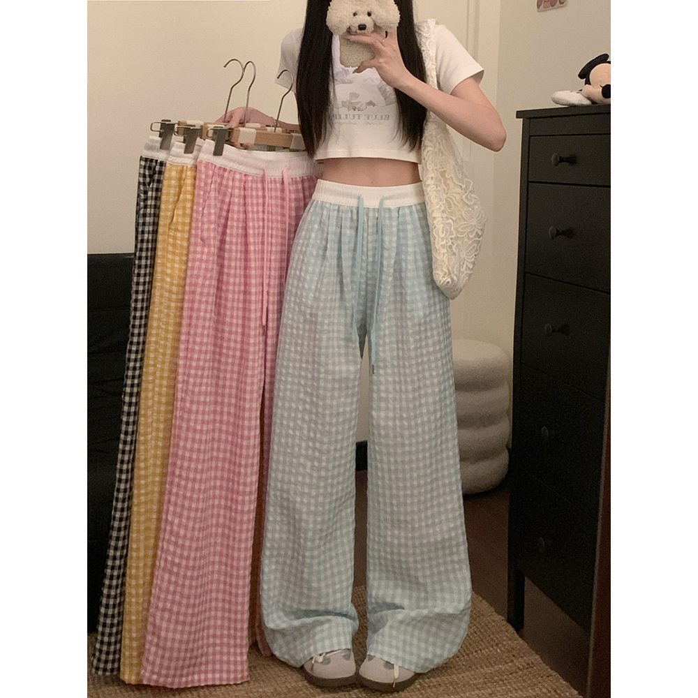 Real shot! 2025 new summer elastic waist drawstring dopamine plaid wide-leg trousers for women thin sweet hot girls