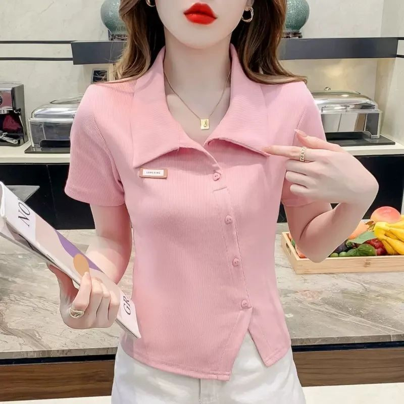 92 cotton pure cotton polo collar design niche short-sleeved T-shirt for women with slits and unique style short top