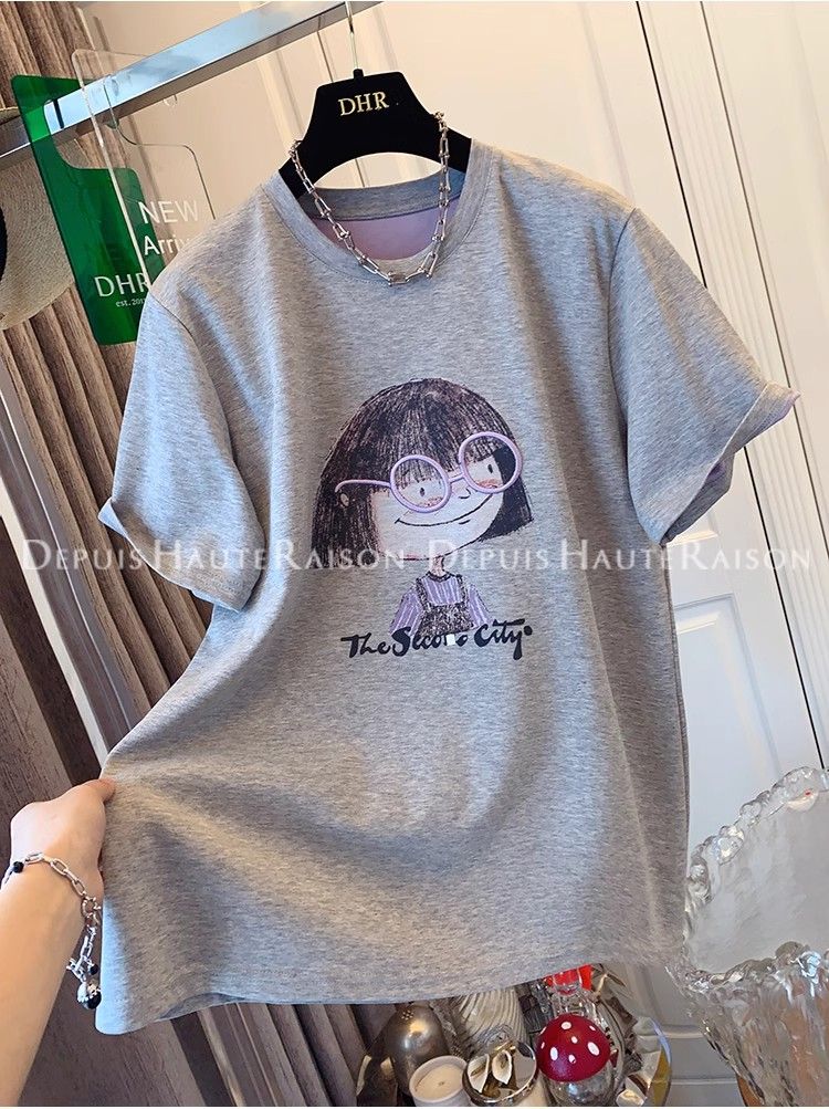 Applique embroidery, large size 300 catties, contrasting color inner little boy loose short-sleeved T-shirt for women's spring and summer top