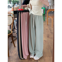Real shot!  2025 new slim wide-leg pants elastic waist drawstring straight solid color casual pants trousers for women