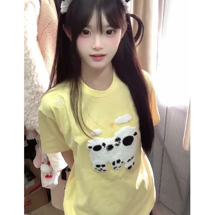 Original towel embroidered pure cotton 220g combed tight summer cartoon loose breathable casual short-sleeved T-shirt for women