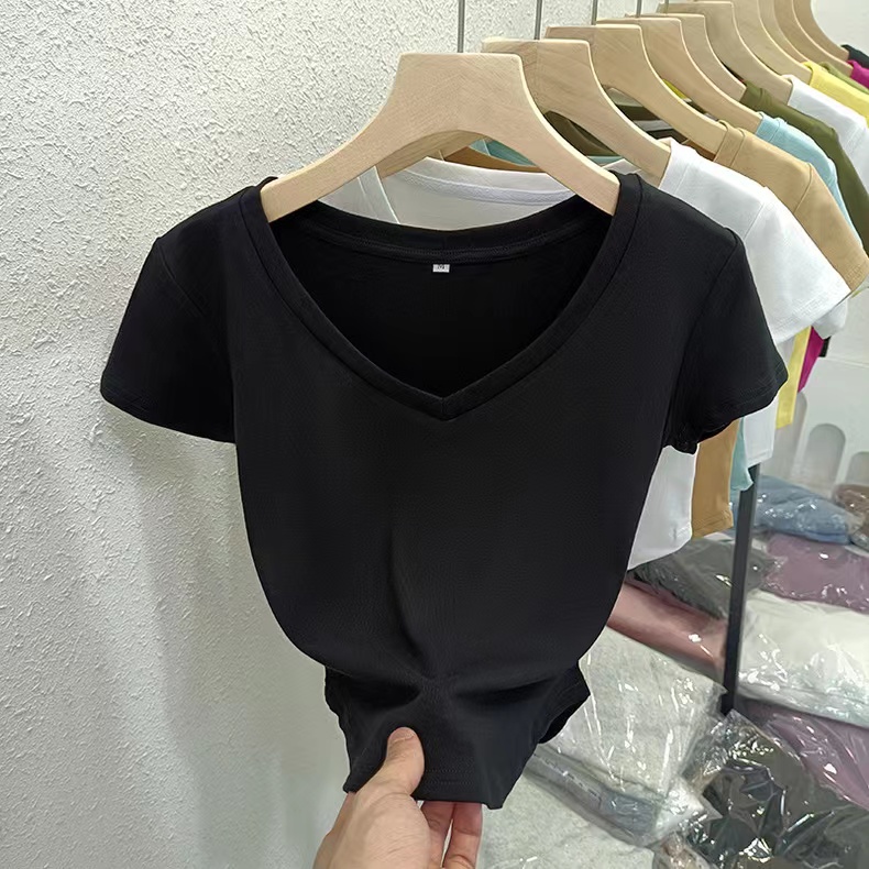Real-life pure cotton ribbed V-neck short-sleeved T-shirt for women's short half-sleeved top