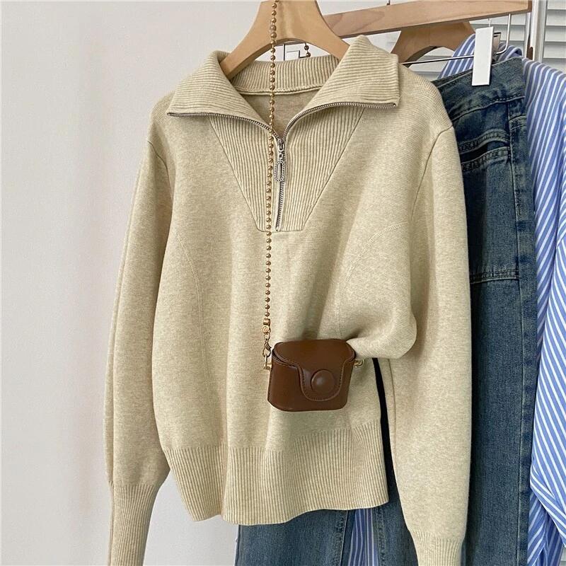 2025 Spring New Loose High Collar Half-Zip Knit Sweater Women's Long-Sleeve Cardigan Fashion Color-Hooded Top Women