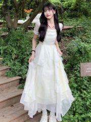 Light luxury tea skirt niche design square collar waist-closing puff sleeve French first love gentle long skirt fairy dress