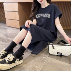 實拍純棉質量/後包領/寬鬆減齡洋氣開叉過膝連衣裙