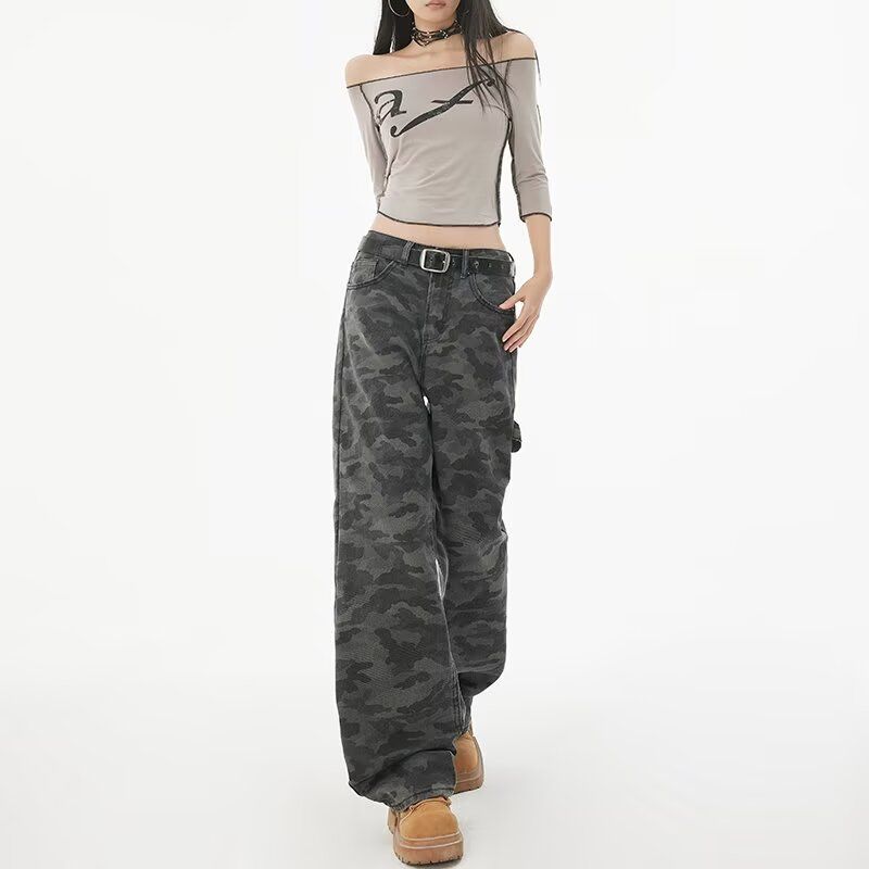 American high street camouflage scimitar jeans men and women cleanfit trendy brand retro woodcutter loose wide-leg pants