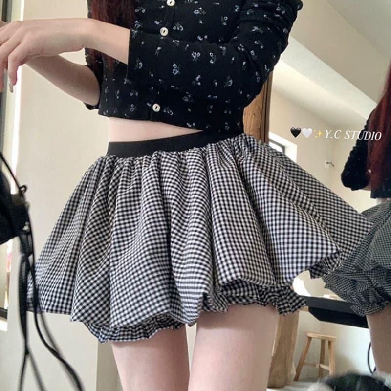Korean chic pure ballet style flower bud puffy skirt design high waist slim A-line anti-exposure short skirt for women