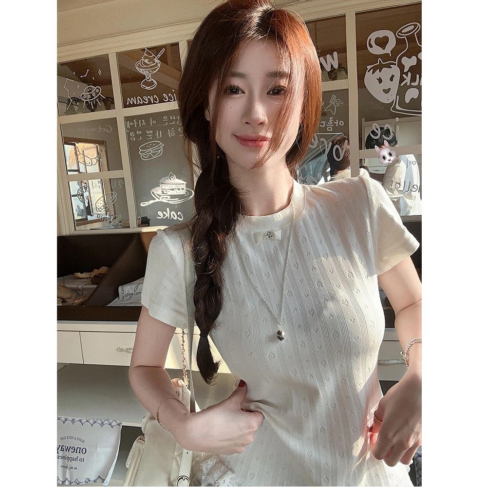 Pure cotton jacquard Korean sweet lace spliced ​​short-sleeved T-shirt for women with slim and gentle top