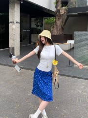 Real-life sweet and fresh suit high waist floral versatile mid-length skirt + front shoulder white short slim T-shirt