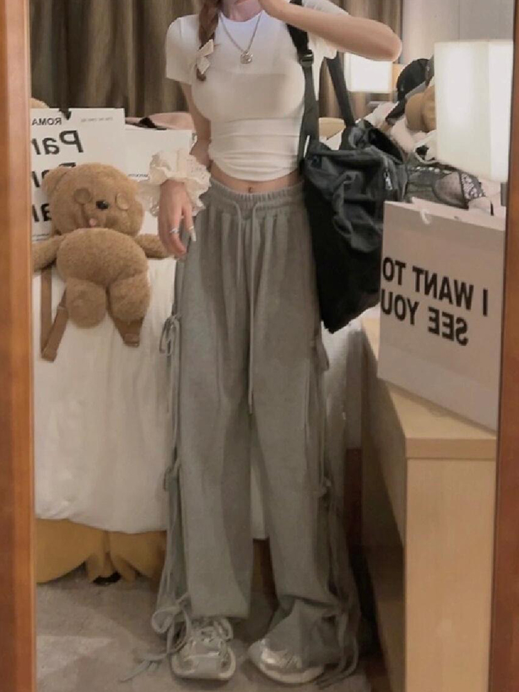 Korean retro bow tied straight-leg sweatpants 2025 spring and summer new style for women's niche design casual wide-leg pants