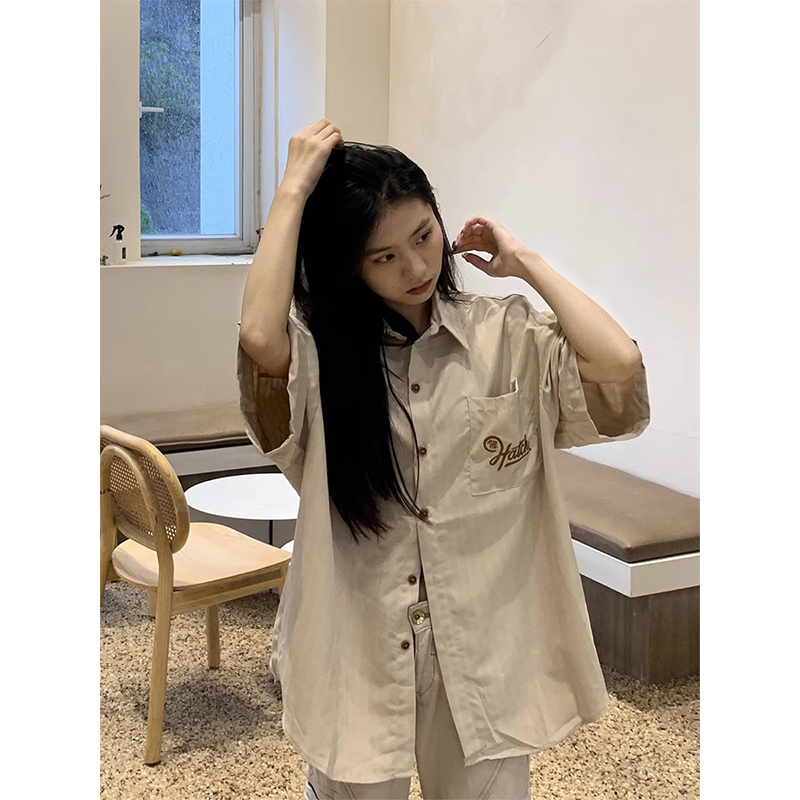 Trendy retro embroidered striped shirt loose short-sleeved summer workwear neutral style ins American couple shirt women